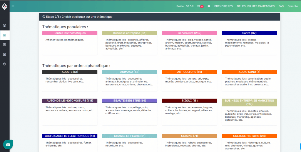 thématiques disponibles à l'achat sur la plateforme de netlinking Linksgarden
